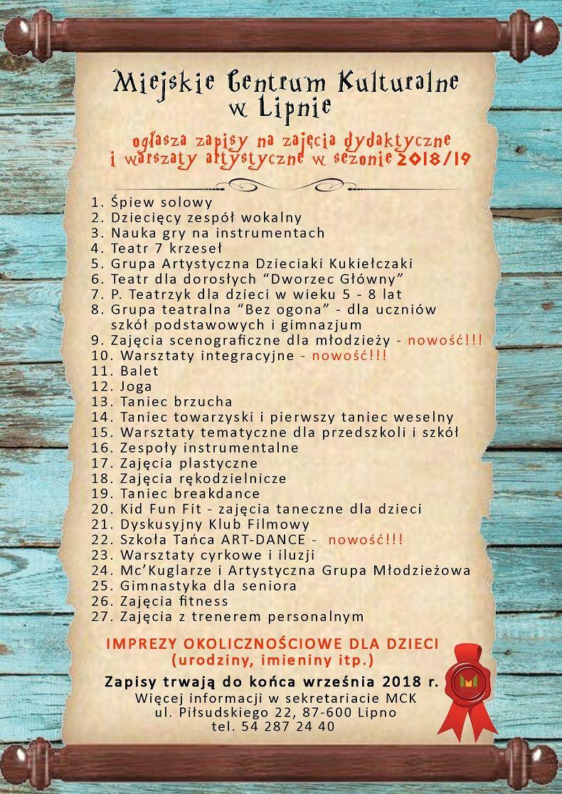 Zapisy w MCK na zajęcia dydaktyczne i warsztaty artystyczne na sezon 2018/19